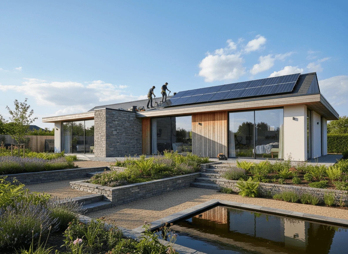 Modern house with solar panels on the roof in Cobham