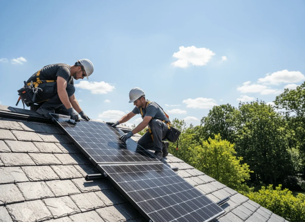 Two workers installing solar panels on a roof in Woking