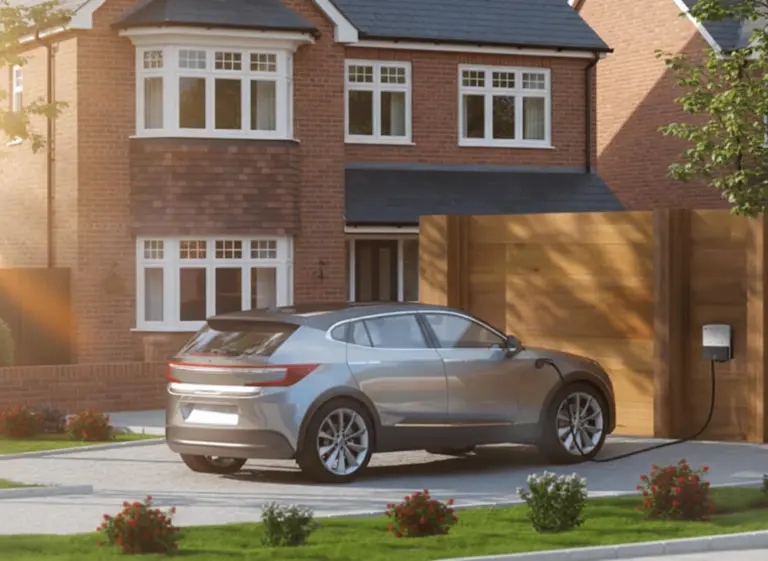 Modern SUV plugged into a house with a white EV charger on the wall of a British house