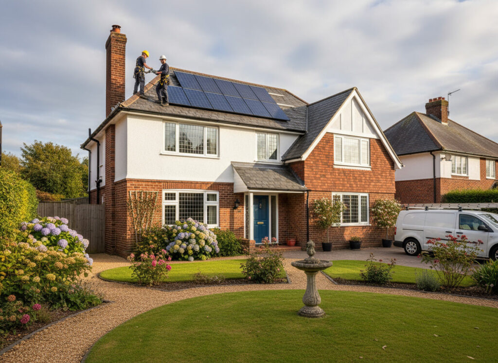 Orchid Energy team installing solar panels on a roof in Ascot