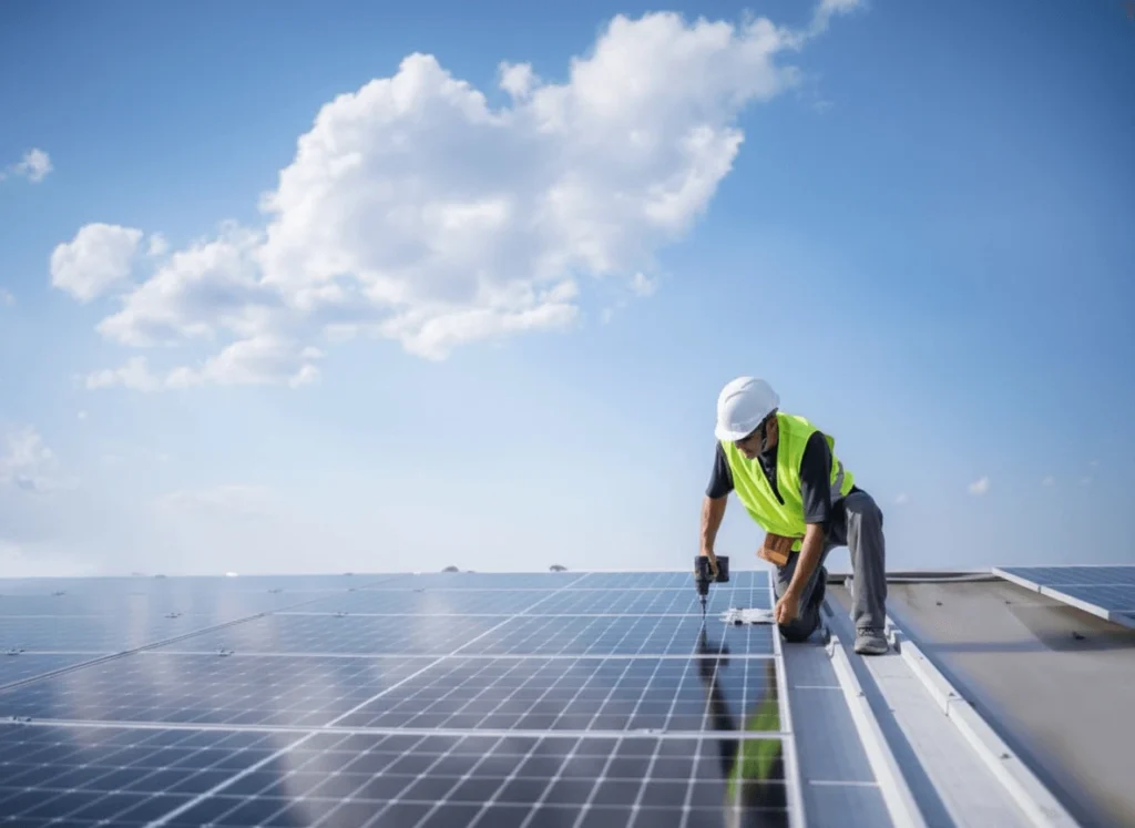 Man installing solar panels on a roof in Wimbledon