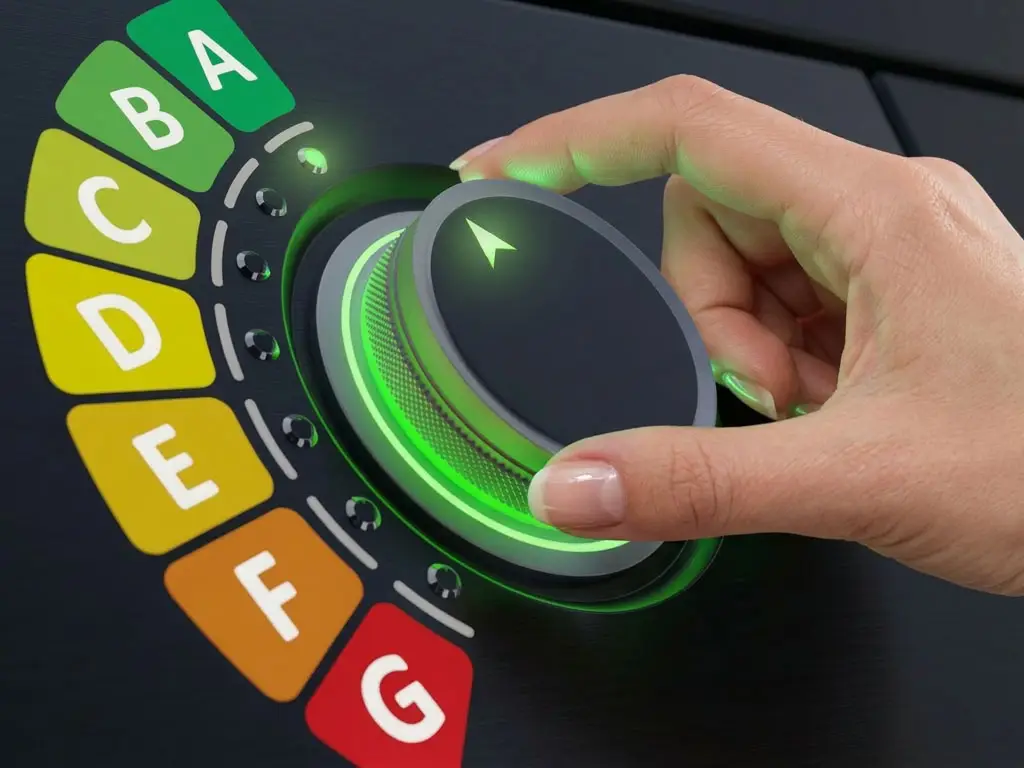 A womans hand changing a dial to A efficiency rating